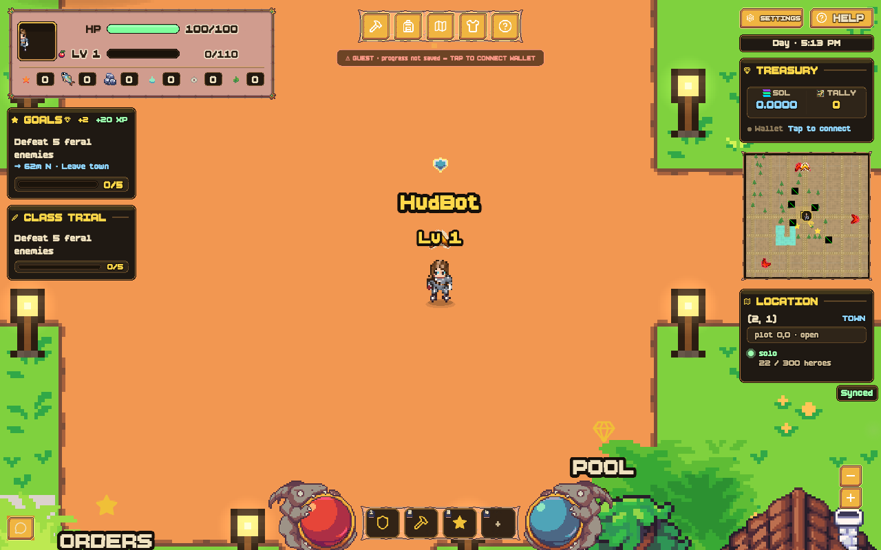 Player standing in Tally Town plaza with the live HUD