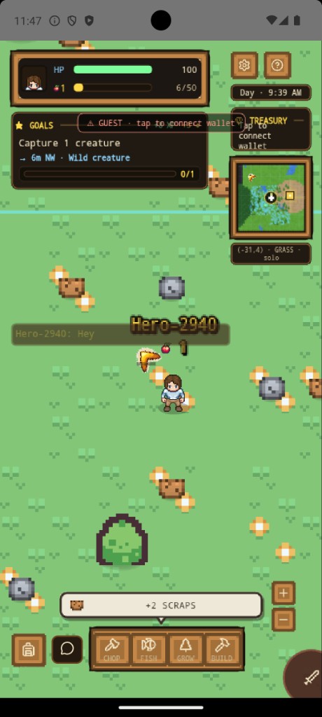 TallyWorld Android — grass biome with creatures and gathering