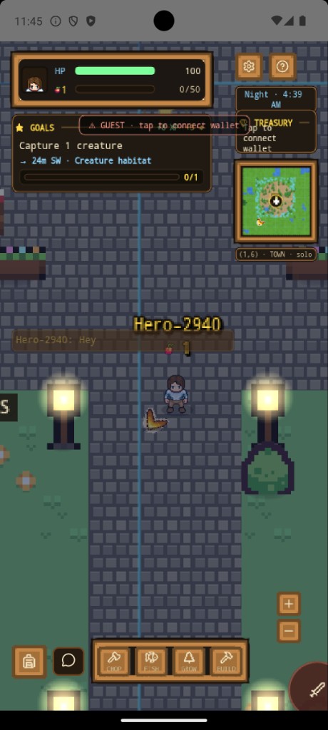 TallyWorld Android — night town with lit windows and NPCs