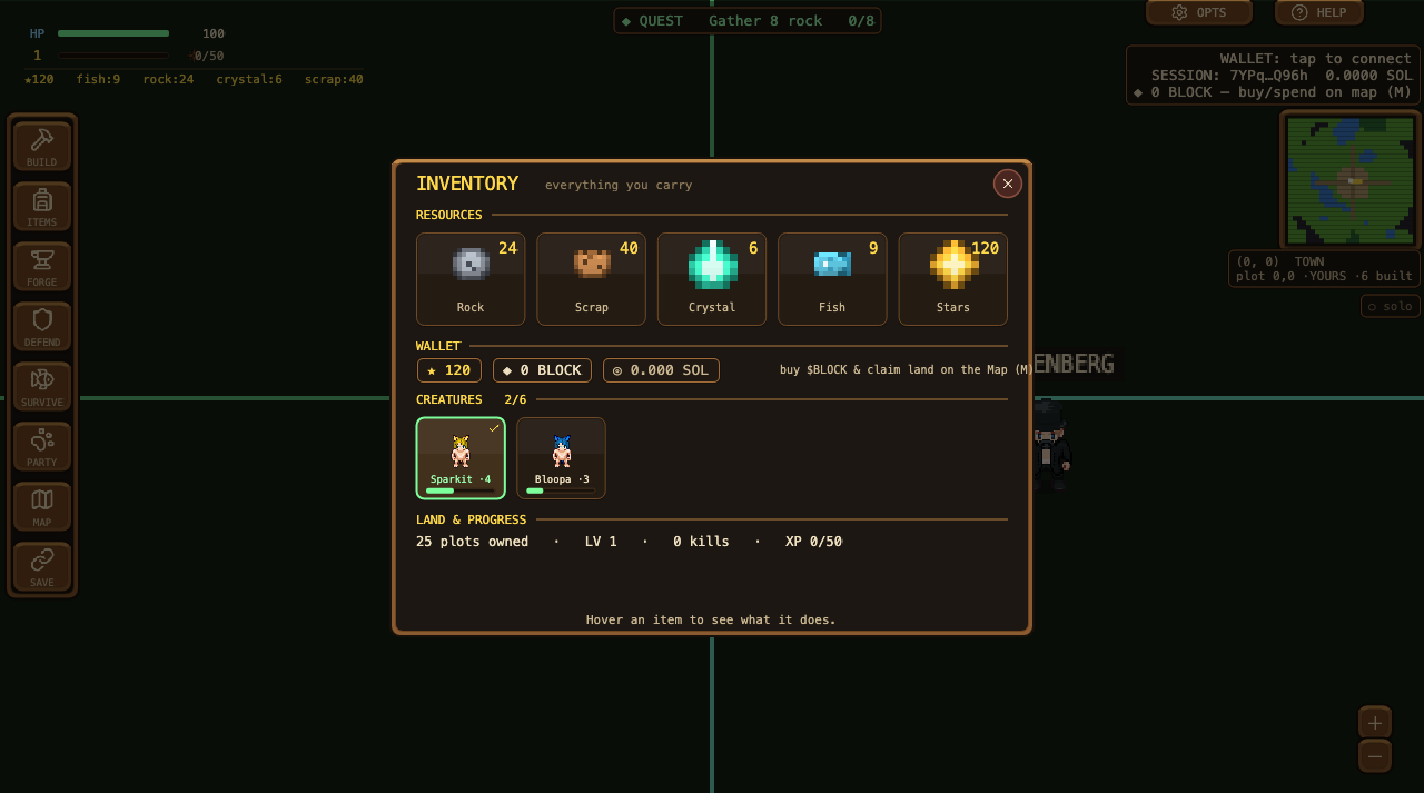 Wooden-framed inventory screen with resources and party